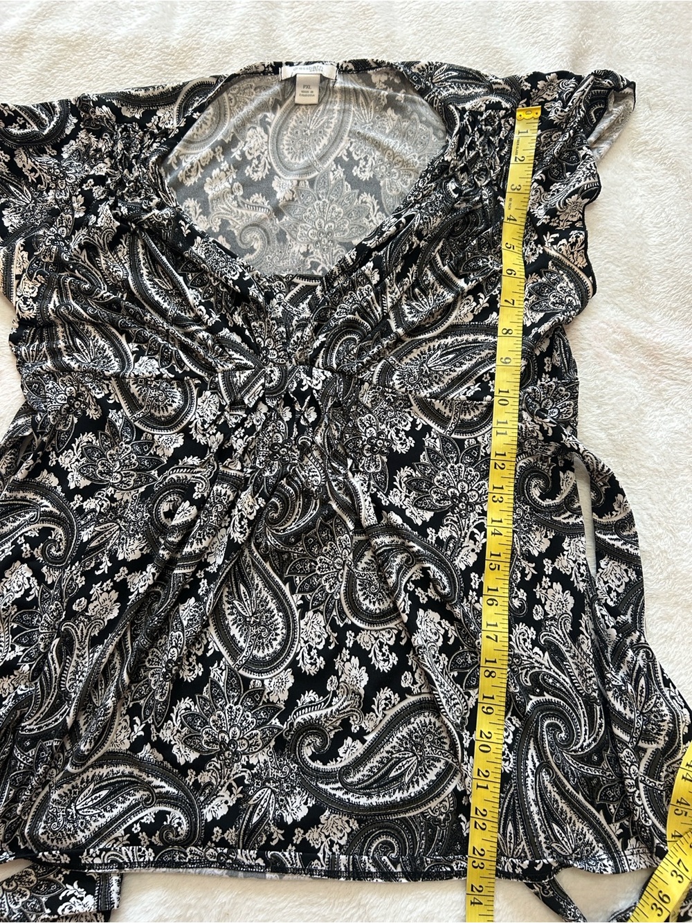 Vintage Y2K Dress Barn Petite XL Boho Paisley Top Black White Cottagecore Flowy - Picture 9 of 13